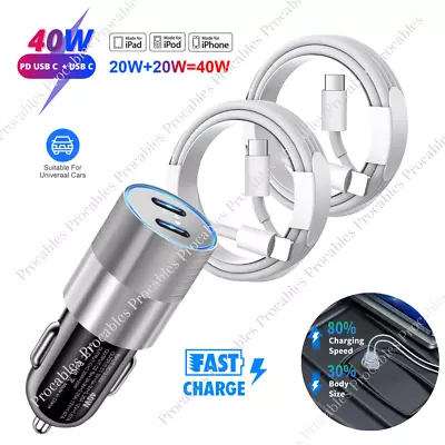 40W PD Car Charger Dual USB C Adapter Cable For Apple IPhone 14 13 12 11 Pro Max • $16.49