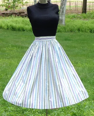 Vintage 1950's Full Cotton Skirt - Lilac Blue And Green Stripes • $48