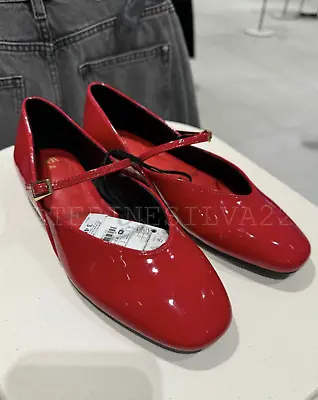 Zara New Woman Ss24 Red Faux Patent Ballet Flats With Ankle Strap Ref:3537/310 • $103.99