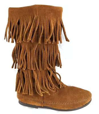 MINNETONKA Womens US 6 Moccasin Boots 1632 Brown Suede 3 Layer Fringe $115 VEUC* • $42.22