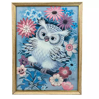 K Chin Blue Cute Owl Framed Lithograph Print 9  X 12  • $28.88