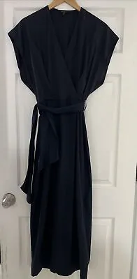 Massimo Dutti Long Maxi Wrap Dress M Navy Blue V Neck Cotton • $59.99