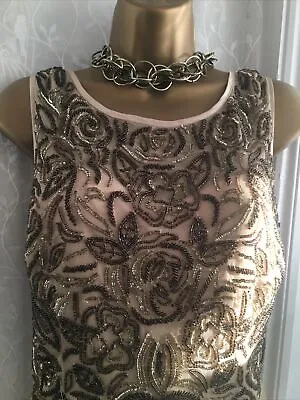 £28 • Buy Monsoon Artisan Hand Embellished Bronze Gold Lined Beaded Occasion Dress Size 14