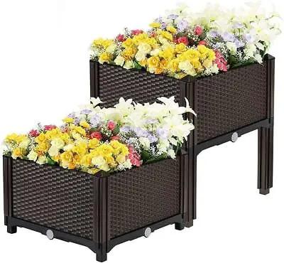 £24.95 • Buy 2pc Rattan Garden Planters Flower Plant Pot Window Box Raised Bed Basket Square