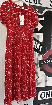 BNWT Zara  Smocked Classy Button Polka Dot Spotty Red Retro MIDI Dress L • $49.72