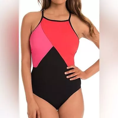 Amoressa By Miraclesuit Tatiana Solitaire One Piece High Neck Color Block Sz 14 • $66