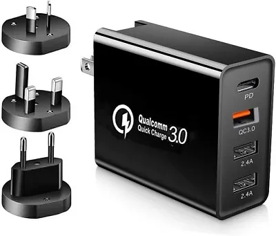 48W 4-Port Qualcomm Charger Quick Charge 3.0 USB C Wall Power + EU/UK/AU Adapter • $22.97