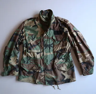 Vtg USGI US ARMY SURPLUS M65 FIELD JACKET WOODLAND CAMO COLD WEATHER COAT Large • $70