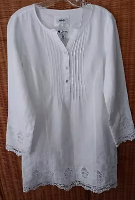 Malvin I Love Linen Sz. S Pintuck Pleat Dress WHITE Embroidered Lace Trim • $29.95