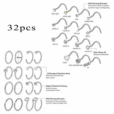 32PCS Nose Studs Hoop Ring L-shaped Curved Tragus Cartilage 20G Body Piercing • $11.99