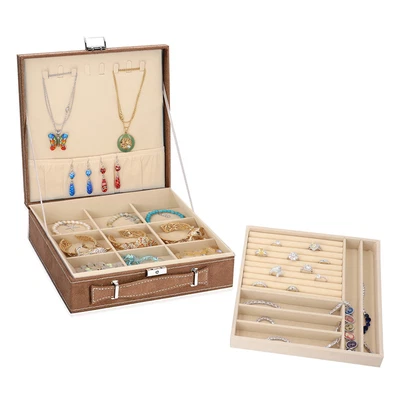£53.39 • Buy Taupe Faux Velvet Jewelry Box Organizer 2 Layer Anti-Tarnish Scratch Protection