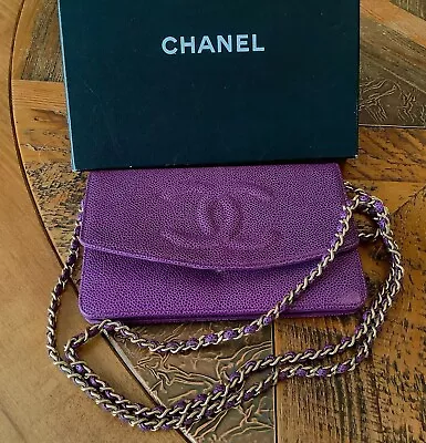 CHANEL Vintage Timeless Wallet Crossbody Purse 24K GF Chain - Caviar Purple • $1950