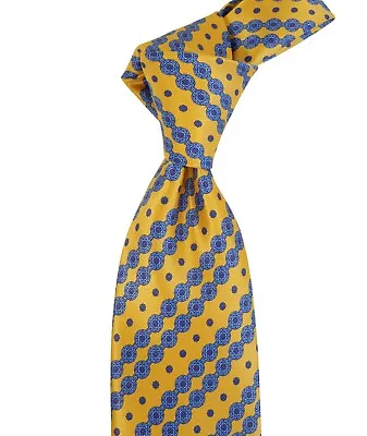 $300 Stefano Ricci Satin Yellow W Blue Stripes Silk Neck Tie NWT 3.5W • $120