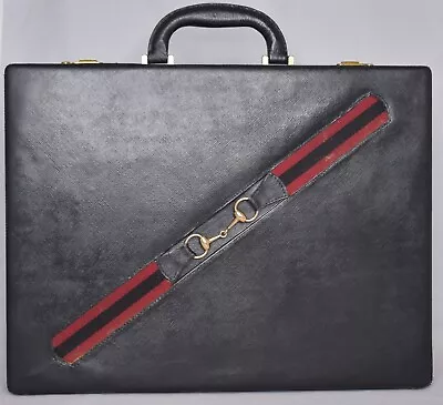 Vintage GUCCI Black Textured Leather Hard Atache Briefcase Business Bag • $700