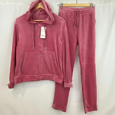 Womens Pink Velvet Velour Hooded Joggers Loungewear 2PCS Tracksuit Set Size M/L • £16.99