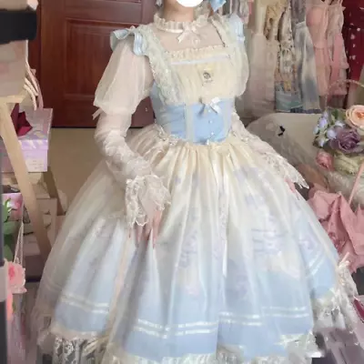 Lace Flying Sleeve Blue Lolita Dress LolitaBallet Rabbit JSK Gradient PrintStrap • £158.61