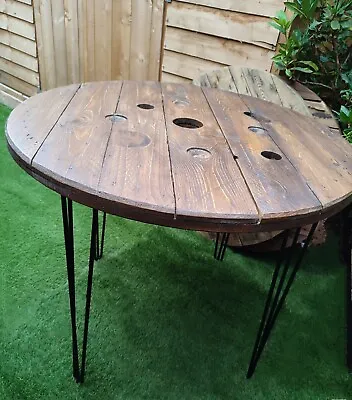 Great**Round Industrial Cable Reel Dining Table Rustic On Hairpin Legs (100cm) • £184.99