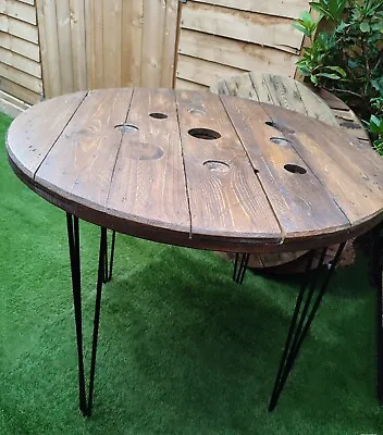 Great**Round Industrial Cable Reel Dining Table Rustic On Hairpin Legs (110cm) • £214.99