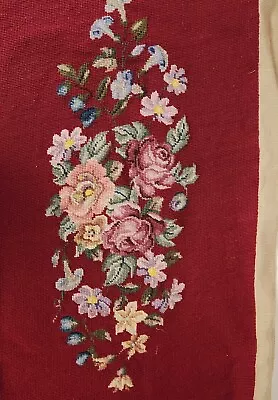 Vtg Burgandy Red Floral Needlepoint Completed Tapestry 37 Inch  X 18 Inch • $54