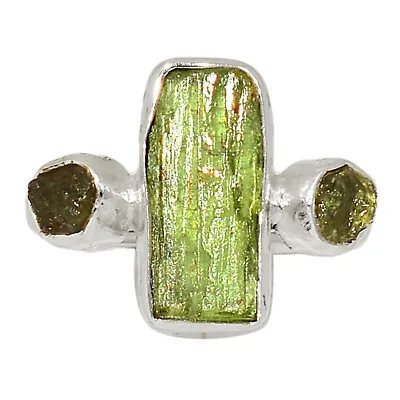 Natural Green Kyanite Rough & Moldavite 925 Silver Ring RHS8 S.8 CR30725 • $26.99