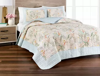 Martha Stewart Collection Wildflower Bouquet Full Queen Quilt Bedspread Blue • $99.95