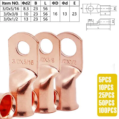 Bare Copper Cable Wire Lugs Ring Terminals 8-4/0 AWG Battery Wire Welding Cable • $169.36