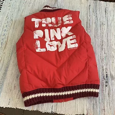 Victorias Secret VS PINK Red Puffer Down Vest  XS/S  TRUE PINK LOVE  Spell Out • $12.99