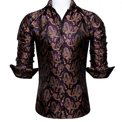 Mens Dress Silk Shirt Long Sleeve Red Blue Paisley Casual Button Down Shirts L • £19.99