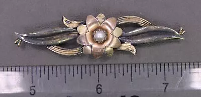 Vintage SYMMETALIC Sterling Silver / 14K Gold Floral Bar Pin Pearl Inlay Brooch • $139.99