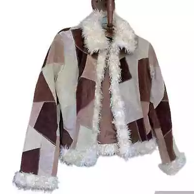 VTG Leather Suede Fur Trim Patchwork Coat Jacket Size S Festival Y2K Penny Lane • $220