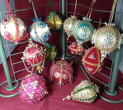 13 Christmas Ornaments Push Pin Ribbons Beads And Sequins Vintage Handmade • $80