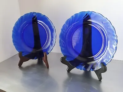 Vereco Duralex France Rivage Cobalt Blue Swirl  Salad Plates Set Of 4 Circa 1970 • $31.99