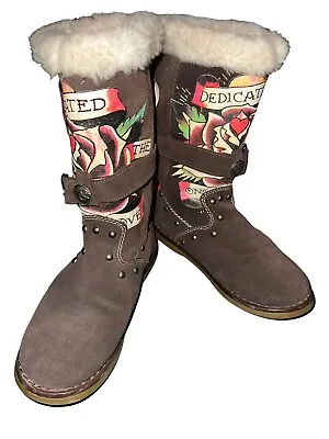 Don Ed Hardy Boots Womens 6 Brown Suede Leather Tattoo Buckle Fur EUC • $29.98