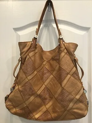 Womens Tote Weekender Handbag Beige Patchwork Design Leather B. Makowsky H10 • $79.99