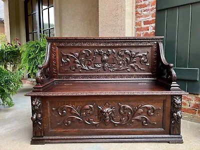 Antique French Hall Bench Chair Settee Renaissance Revival Carved Oak 19th C • $4650
