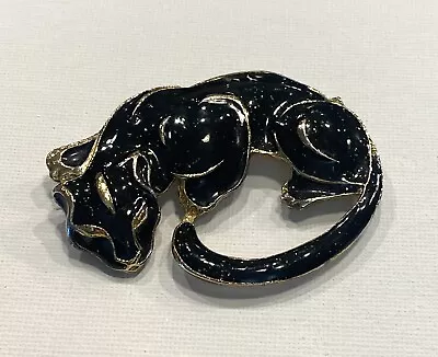 Vintage Large Estate Black Enamel Panther Brooch Gold Tone Exotic Glitter Cat • $17