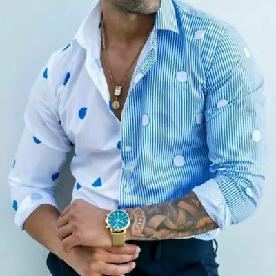 $23.92 • Buy Button Down Shirt Men Light Blue White Polka Dot Long Sleeve Fashion Top Striped