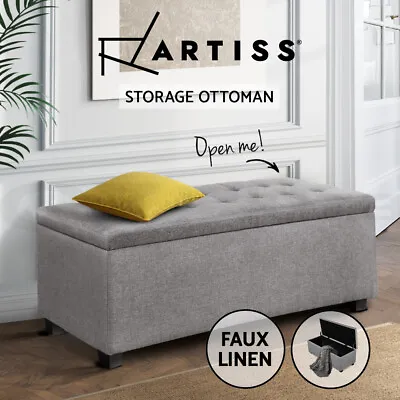 Artiss Storage Ottoman Blanket Box Bench 97cm Linen Chest Foot Stool Light Grey • $109.95