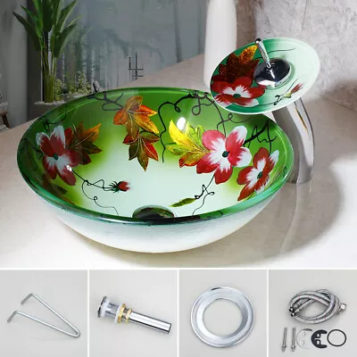 £49.98 • Buy Countertop Bathroom Round Art Glass Vessel Sink Basin Bowl Combo Mixer Taps Set