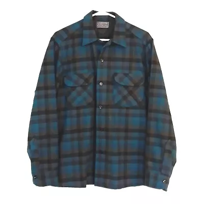 Pendleton Vintage Plaid Wool Shirt Mens Sz M Blue Black Gray Button Up Loop NICE • $40