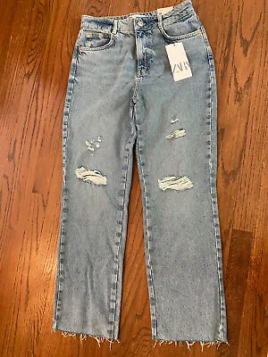 NWT Zara Ladies High Rise Straight Leg Ankle Denim Blue Jeans Size 6 Raw Hem • $24.99