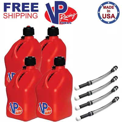 VP Racing 4 Pack Red 5.5 Gallon Square Utility Jug Gas Can + 4 Deluxe Fill Hoses • $151.35