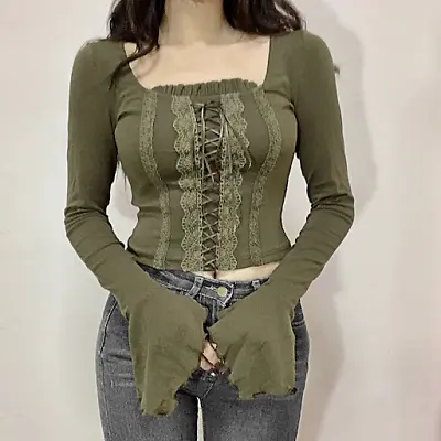 Women Vintage Lace Patchwork Bandage Cropped Top Square Collar Solid T-shirt • £20.62