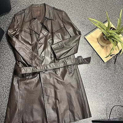 Vtg Mens Double Breasted Trench Coat Car Coat Retro 80 90s Sz M ? Vegan Leather • $61