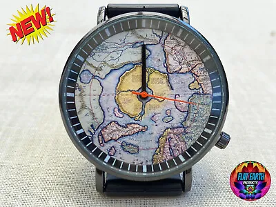 Wristwatch Flat Earth Hyperborea Map Black Watch Men Women Azimuthal Equidistant • $25.95