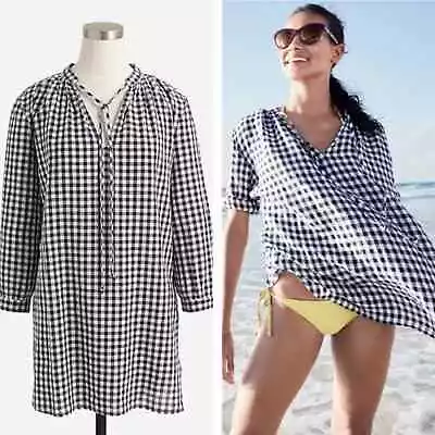 J. Crew Printed Linen Cotton Tunic Dress Size Medium Gingham Black Cover Up • $39