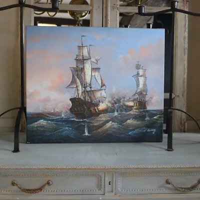 Naval Battle Galleon Ship Oil Painting On Canvas By Artist J Harvey • £95