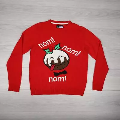 Mens Christmas Pudding Theme Jumper Size UK L Festive Novelty Gift Red Sweater • £14.95