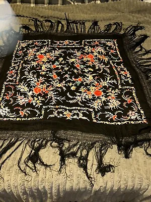 Antique Black Silk Embroidered Floral Piano/Flamenco Shawl  MANTON DE MANILLA  • $1200