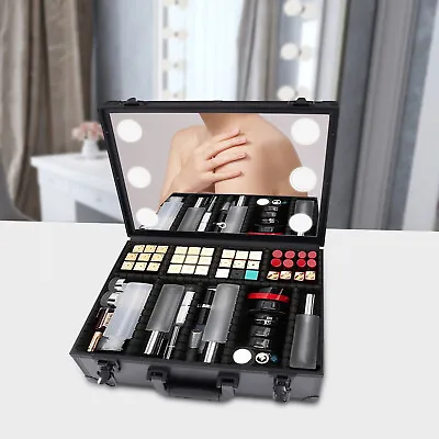 Makeup Train Case W/ LED Light & Mirror Jewelry Storage Box Cosmetic Organizer • $63.01